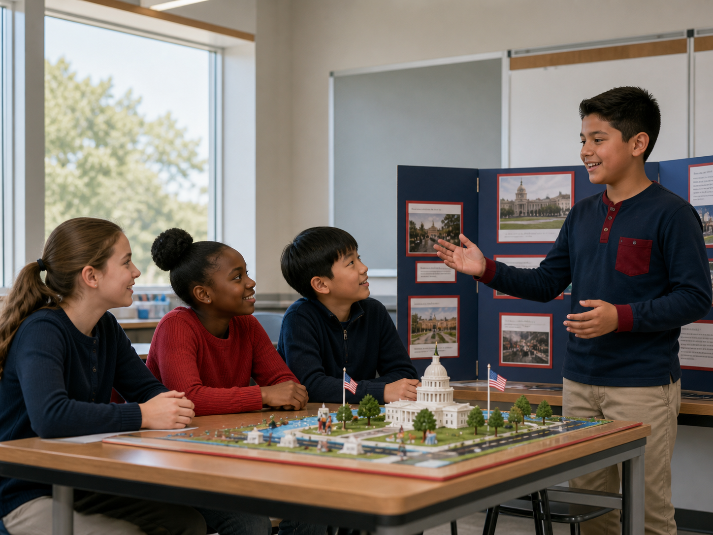 White, Black, Asian, and Hispanic students participating in a classroom civic presentation
